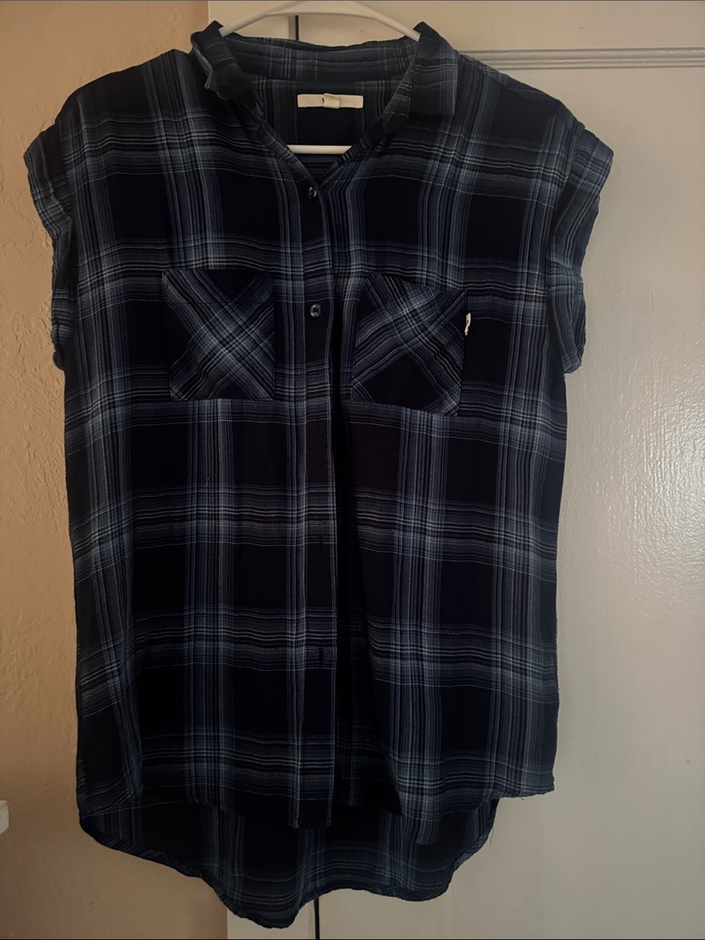 Vans Navy and Light Blue Plaid Short-Sleeve Button Front Top